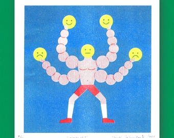 May include: A blue background with a pink figure with four arms holding yellow smiley faces and one frowning face. The figure is wearing red shorts and white socks. The text "I'M COOL, IT'S" is at the bottom of the image.