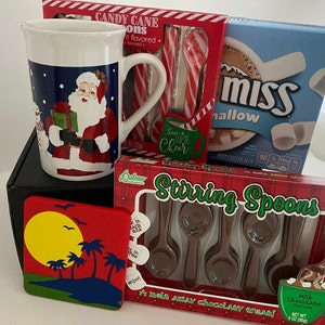 Holiday Gift Basket Christmas Gift box included  1 Christmas mug 12 hot chocolate mix  6 Peppermint  Spoon 5 Chocolate spoon 1 TJTU Coaster