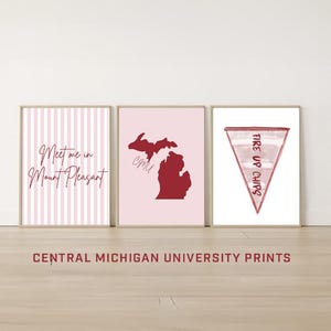 May include: Three framed prints with a Central Michigan University theme. One print has pink stripes and the text "Meet me in Mount Pleasant." Another features a maroon outline of Michigan. The third print has a maroon pennant with "Fire Up Chips."