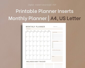 Planner mensile per il benessere: monitoraggio delle abitudini, formato A4, formato lettera USA (PDF)