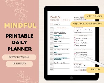 May include: A digital daily planner with a light blue background and a white border. The planner includes sections for "Today's Schedule", "Morning Routine", "To Do List", "Weekly Planning", and "How Was Today?" The planner also includes a section for "My Intentions Are" and a mood tracker. The date is 08/14/23. The text "DAILY MINDFUL PLANNER" is at the top of the page.