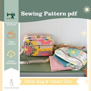 May include: A colorful quilted Bible bag and tablet duo. The bags feature a patchwork design with floral and geometric patterns in yellow, pink, and blue. The text "Sewing Pattern pdf" and "Bible Bag & Tablet Duo" are visible.