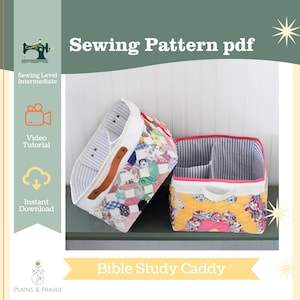 May include: Two fabric Bible study caddies. One is a patchwork design with a leather handle, the other has dividers and a yellow and pink quilted pattern. The text reads "Sewing Pattern pdf" and "Bible Study Caddy".