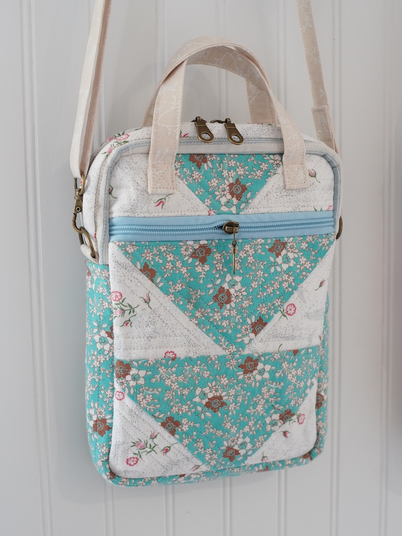 May include: A quilted crossbody bag with a floral pattern in teal, brown, and pink. The bag has a light blue zipper and a cream-colored strap and handles. The bag is rectangular with rounded corners.