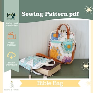 May include: A quilted Bible bag sewing pattern pdf. The image shows two bags with floral designs, one upright and one lying down with a book inside. The bags have brown leather handles and accents. The text on the image says "Sewing Pattern pdf" and "Bible Bag".