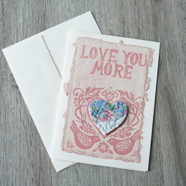 One Hand Carved Lino Print Card with Vintage Quilt Heart