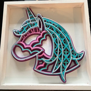 Dessins en papier licorne, dessins de mandala, papier encadré, créations en papier cartonné, art mural, dessins en couches 3D