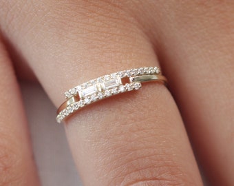 10k, 14k, 18k Gold Baguette Cubic Zirconia Wedding Ring, Solid Gold Engagement Ring, Handmade Minimal Ring, Best Mother&#39;s Day Gift