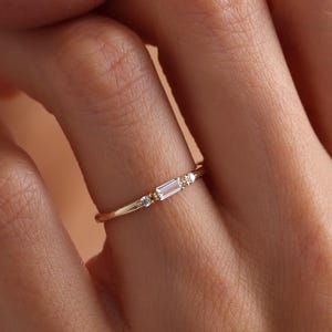 14k Gold Baguette CZ Ring: Dainty Stacking Ring for Women