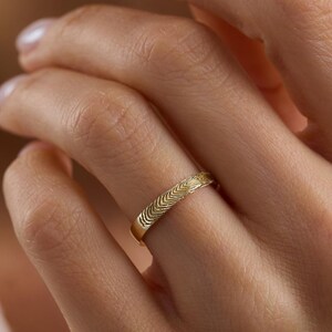 Minimalist Dainty Gold Fingerprint Ring, Custom Engraved Thin Band, Stacking Jewelry Gift