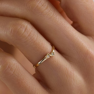 Dainty Diamond Double Heart Ring with Cubic Zirconia – Promise Ring, Gold Tone Sterling Silver