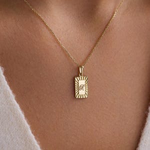 Personalized Rectangle Initial Necklace - Gold Sunburst Tag Pendant Jewelry Gift for Her
