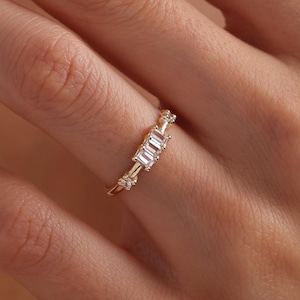 14k Gold Baguette CZ Ring: Minimalist Stacking Wedding Band