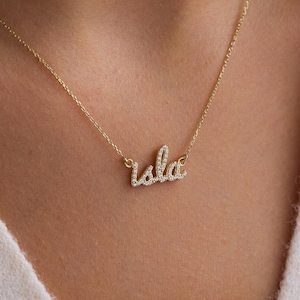 Personalized Zircon Name Necklace - Solid Gold Sparkling Script Jewelry Gift