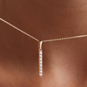 Solid Gold Gemstone Bar Necklace: Minimalist Vertical Pendant, Custom Engraving