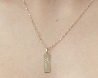 Personalized Solid Gold Vertical Bar Necklace: Custom Engraved Nameplate