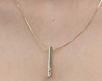 14k Gold Vertical Bar Necklace with Birthstones - Personalized 3D Name Necklace