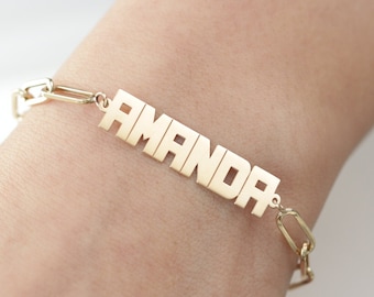 14k Solid Gold Name Plate Bracelet/Personalized Name Bracelet/Gold Name Bracelet/Handmade Name Bracelet With Paperclip Chain