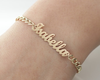 14k Solid Gold Name Plate Bracelet/Personalized Name Bracelet/Gold Name Bracelet/Handmade Name Bracelet With Curb Chain