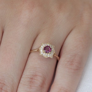Handmade 14k Gold Rhodolite Ring - Dainty Floral Design