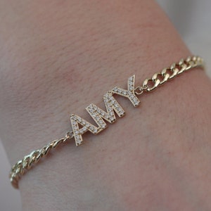 14k Solid Gold Name Plate with Diamond Bracelet/Personalized Name Bracelet/Handmade Name Bracelet With Curb Chain