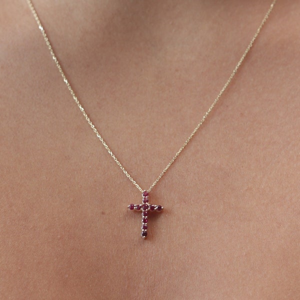 10k/14k/18k Gold 17x13mm Cross With Genuine Ruby Necklace/Handmade Solid Ruby Cross Necklace/Gold Cross Necklace/Christmas Gift/Mothers Day