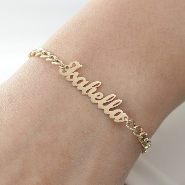 14k Solid Gold Name Plate Bracelet/Personalized Name Bracelet/Gold Name Bracelet/Handmade Name Bracelet With Curb Chain