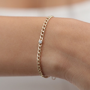 14k Gold Curb Link Bracelet with Solitaire Diamond