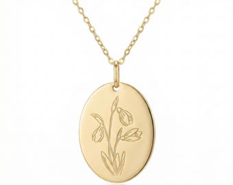 Solid Gold Birth Flower Oval Necklace: Personalized Engraved Pendant