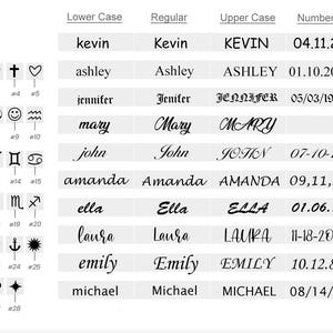 May include: A chart displaying examples of text in different fonts, including lowercase, regular, uppercase, and numbers. The text includes names like Kevin, Ashley, Jennifer, Mary, John, Amanda, Ella, Laura, Emily, and Michael, along with dates and symbols.