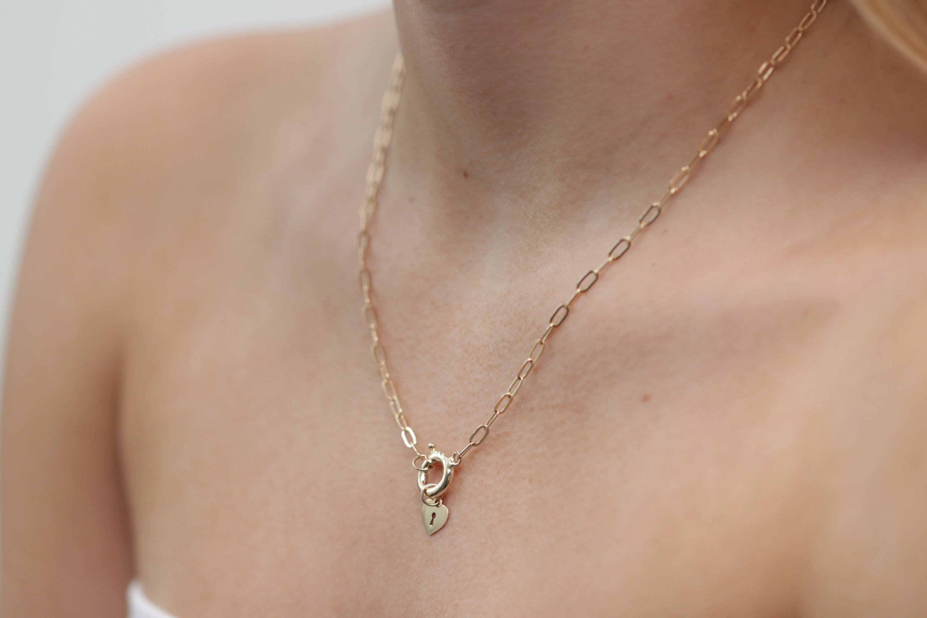 14k Gold Paperclip with Bolt Spring Ring Necklace/Real Gold Paperclip with Heart Necklace/Handmade Gold Paperclip Necklace/Mother's Day