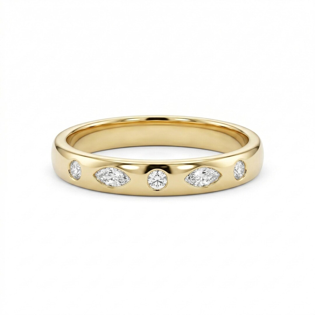 Gold Marquise and Round Stone Band Ring, Minimal Stackable Engagement ...