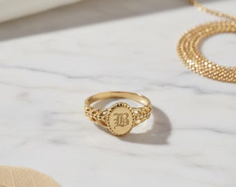 Personalized Initial Signet Ring: Vintage Filigree Oval, Sterling Silver
