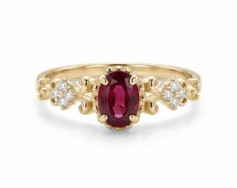 Handmade 14k Gold Garnet Ring with Cubic Zirconia