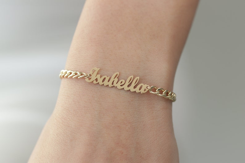 14k Solid Gold Name Plate Bracelet/Personalized Name Bracelet/Gold Name Bracelet/Handmade Name Bracelet With Curb Chain image 5