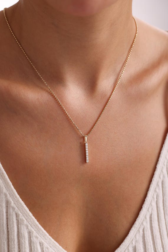 14k Solid Gold Vertical Bar Necklace: Cubic Zirconia Beaded Chain