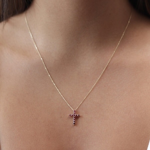 Handmade Gold Cross Necklace: Genuine Ruby, Solid 10k/14k/18k Gold