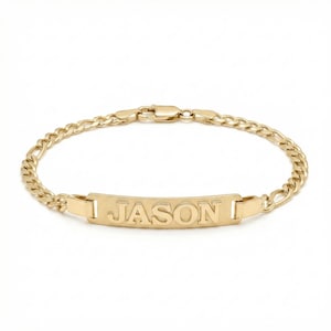 14k Solid Gold Bar Bracelet: Personalized Figaro Chain