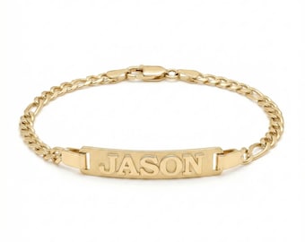 14k Solid Gold Bar Bracelet: Personalized Figaro Chain