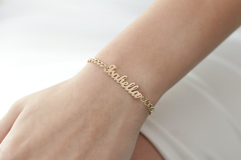 14k Solid Gold Name Plate Bracelet/Personalized Name Bracelet/Gold Name Bracelet/Handmade Name Bracelet With Curb Chain image 1