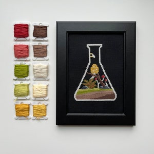 May include: A framed cross-stitch embroidery depicting a glass beaker filled with a miniature forest scene. The beaker is filled with green plants, a small tree, and red and white mushrooms. The embroidery is surrounded by a black frame.
