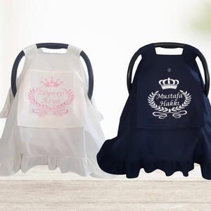 Capa personalizada para carrinho de bebê com nome e monograma de coroa, presente personalizado para chás de bebê, capota de assento de carro de algodão respirável
