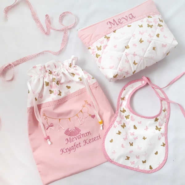 Ensemble de soins pour bébé personnalisable respectueux de l’environnement, sac à couches en coton brodé avec fermeture à glissière, pochette à cordon de serrage et bavoir, nouveau cadeau pour bébé durable...