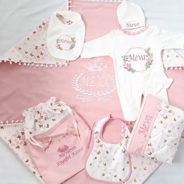 8 Stück Name bestickt Baby Girl Coming Home Outfit, Neugeborene personalisierte Krankenhaus Set,