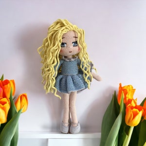 16 inch Handcrafted Blonde Haired Princess Doll, Best Gift Doll for Girls, Collectible Amigurumi Dressed Toy, Travel Companion Knitted Doll,