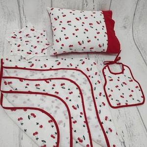 Ensemble de soins pour bébé en mousseline à motif cerises super doux, cadeau de naissance en gaze de coton,