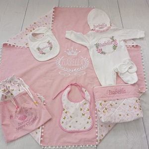 8 piece Name Embroidered Baby Girl Coming Home Outfit, Newborn Personalized Hospital Set,