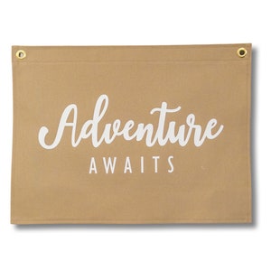 Canvas Banner Sign, Adventure Awaits Canvas Flag, Kid and Play Room Decor, Canvas Wall Hanging Gift, Nursery Sign, Handmade Home Decor