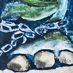 May include: A close-up of a blue and green watercolor painting of a creature with three large, white, round feet. The creature is wearing a chain around its body.