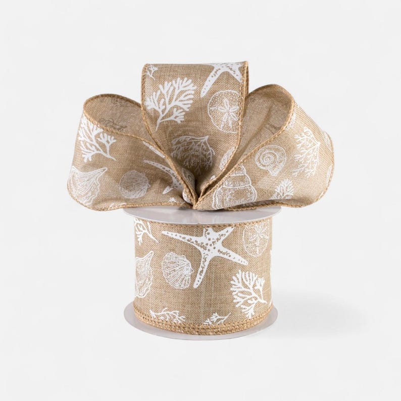 Wide Coasta Ribbon Coastal Ribbon/ Ocean Themed Wired Ribbon/ Seashell Ribbon , 2.5